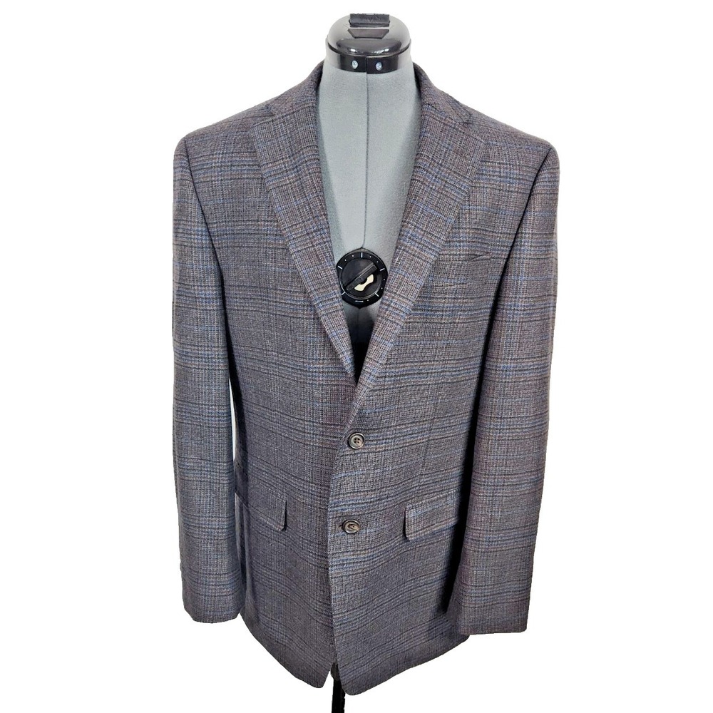 Lauren Ralph Lauren Mens 39R Wool Blazer Grey Blue Plaid 2 Button Sport Coat